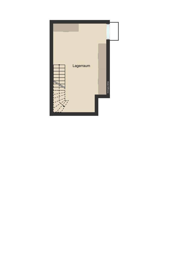 Grundriss zeigt einen Lagerraum mit Zugang über eine Treppe.