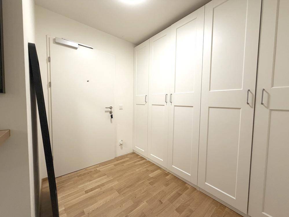 Heller Eingangsbereich mit Einbauschränken und Holzboden.