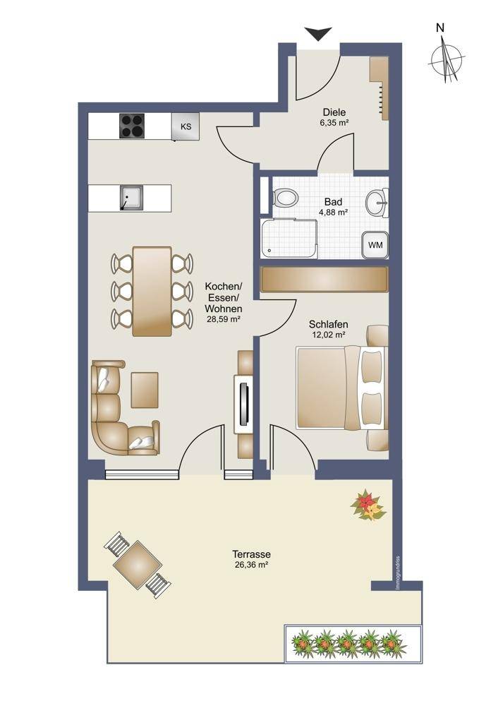Grundriss einer Wohnung mit offener Küche, Wohnbereich, Schlafzimmer und großer Terrasse.