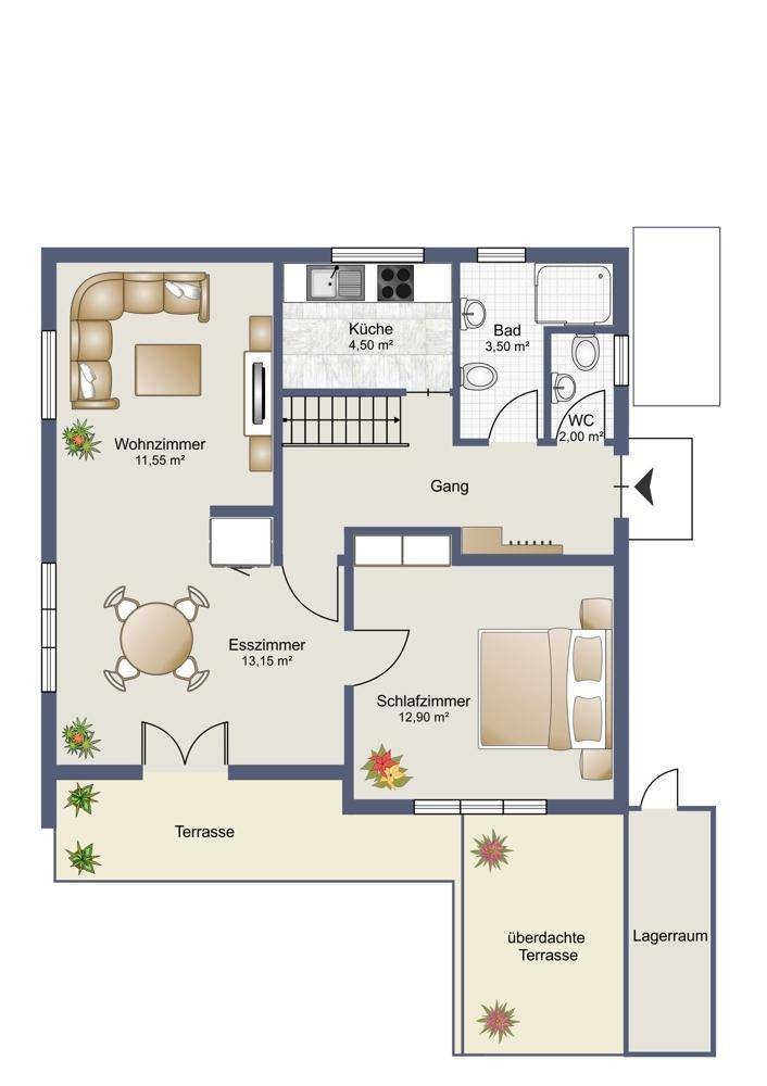 Grundriss des Erdgeschosses mit Wohnzimmer, Esszimmer, Küche, Bad, WC und Terrasse.