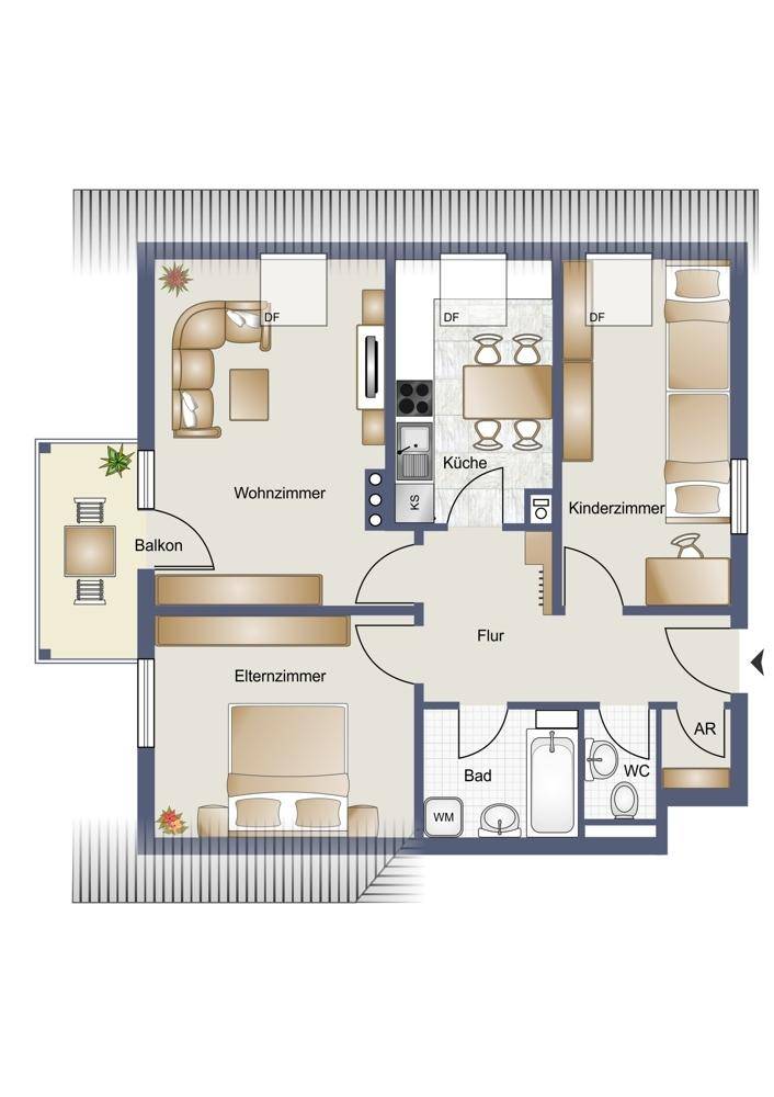 Detaillierter Grundriss einer Wohnung mit Wohnzimmer, Küche, zwei Schlafzimmern und Balkon.