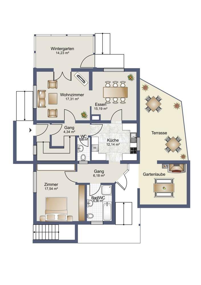 Grundriss des Erdgeschosses mit Wohnzimmer, Küche, Wintergarten und Terrasse.