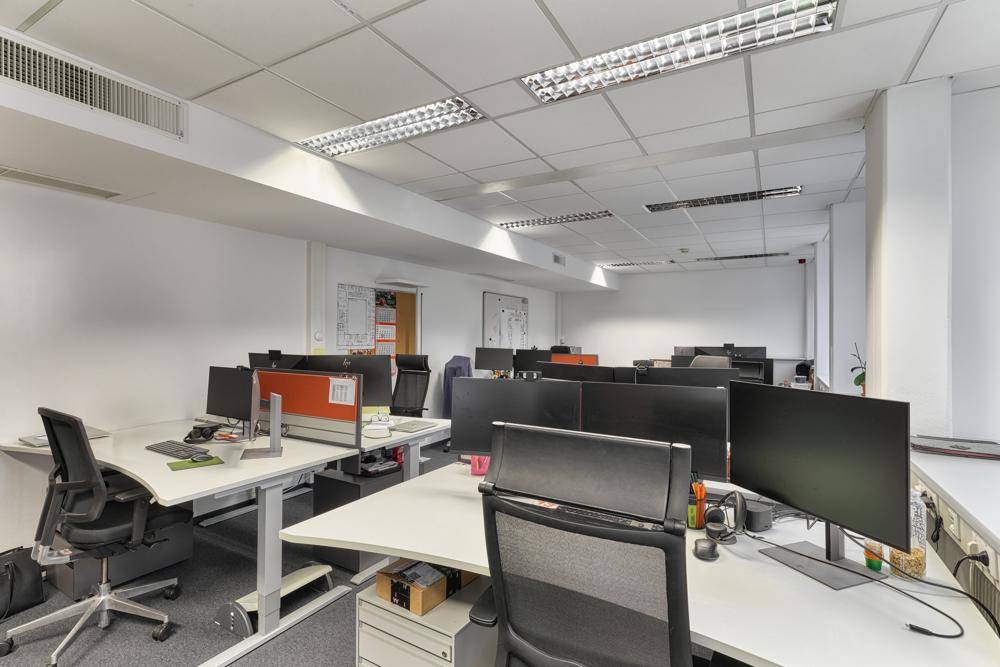 Funktionales Großraumbüro mit vielen Arbeitsplätzen, weißen Wänden und abgehängter Decke mit Beleuchtung.