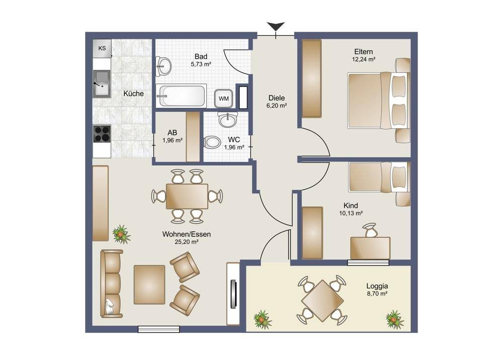 Grundriss der Wohnung mit Wohn-/Essbereich, Küche, Bad, WC, Diele, Eltern- und Kinderzimmer sowie Loggia.