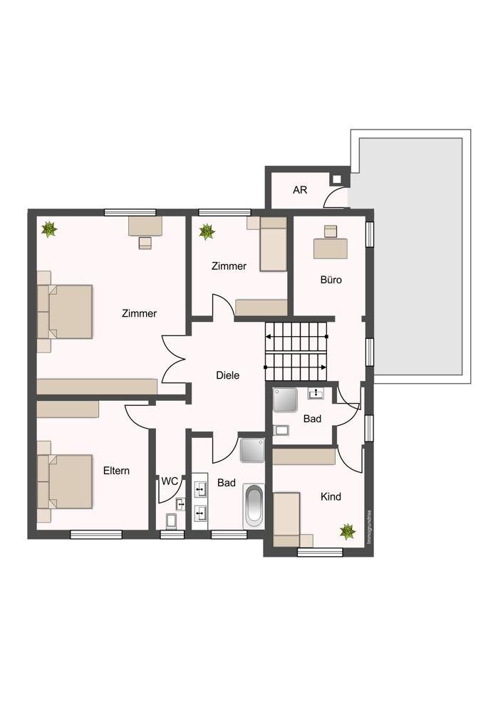 Grundriss des Obergeschosses mit Schlafzimmern, Bädern, Büro und Abstellraum.