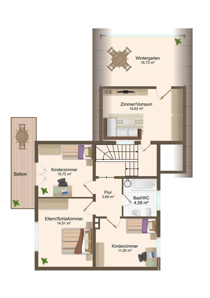 Grundriss des Obergeschosses mit Schlafzimmern, Bad, Balkon und Wintergarten.