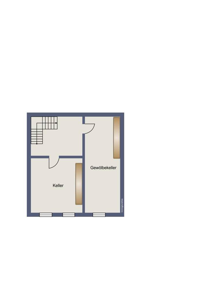 Grundriss des Kellergeschosses mit zwei Kellerräumen, einer davon ein Gewölbekeller.