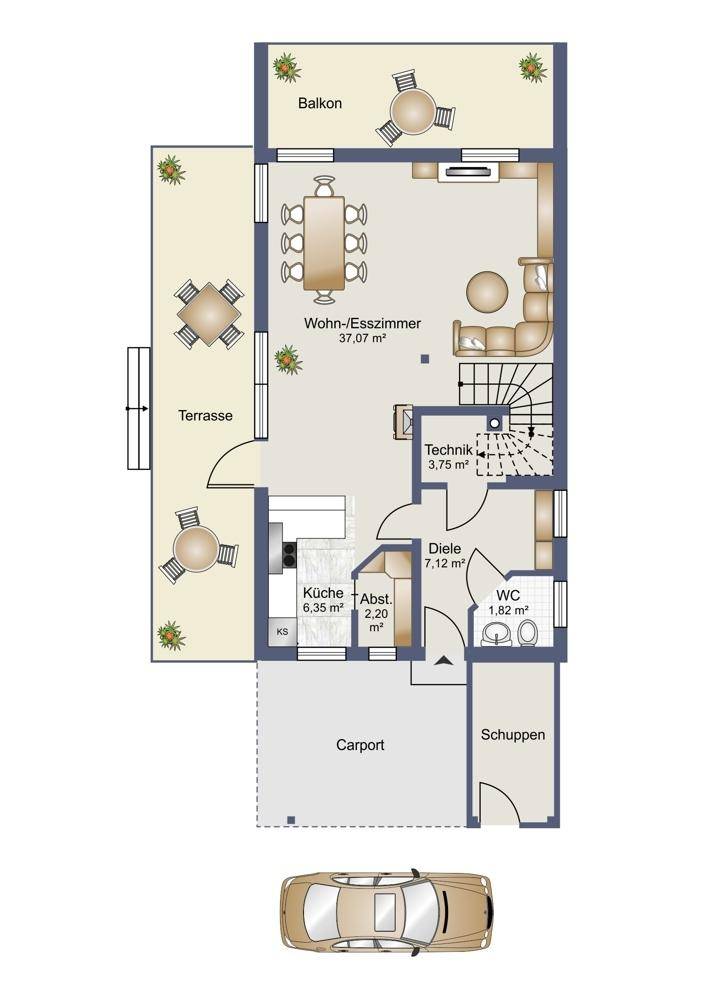 Grundriss des Erdgeschosses mit Wohn-Esszimmer, Küche, Terrasse und Carport.