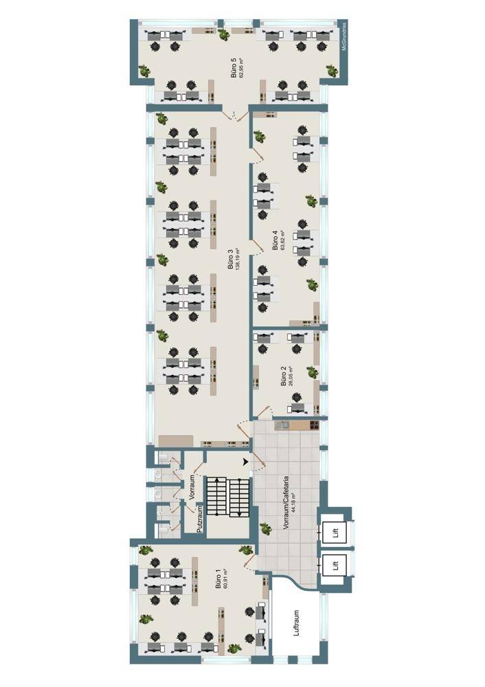 Detaillierter Grundriss eines Bürogebäudes mit mehreren Büroräumen, Empfangsbereich und Aufzügen.