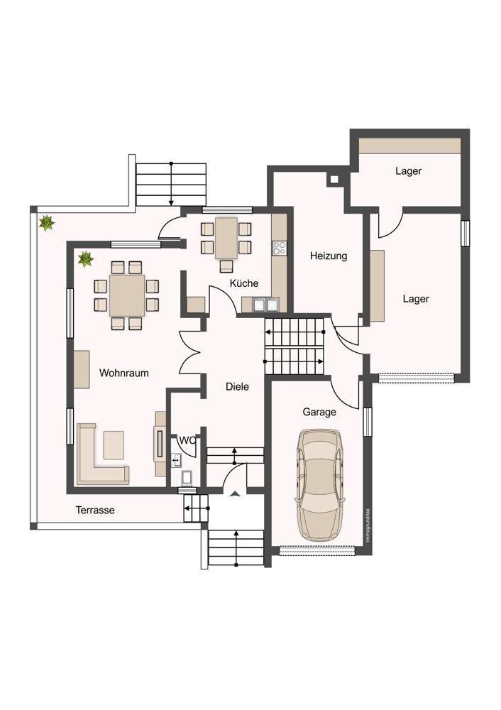 Grundriss des Erdgeschosses mit Wohnraum, Küche, Garage und Terrasse.