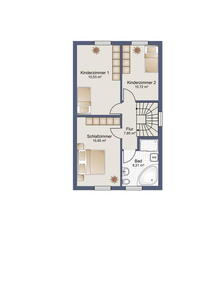 Grundriss des Obergeschosses mit drei Schlafzimmern und einem Badezimmer.