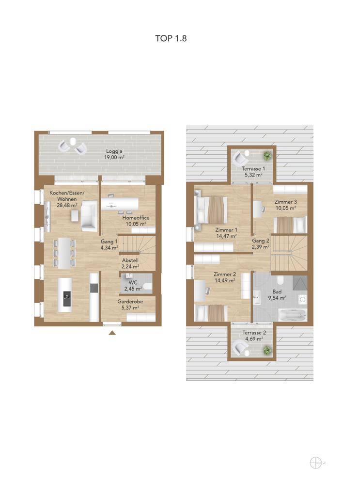 Grundriss einer Maisonette-Wohnung mit Loggia, Terrassen und mehreren Zimmern.