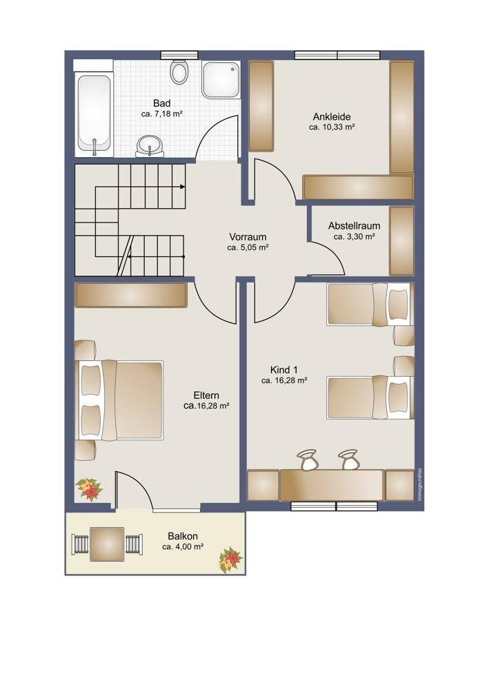 Grundriss des Obergeschosses mit Schlafzimmern, Bad, Ankleide und Balkon.