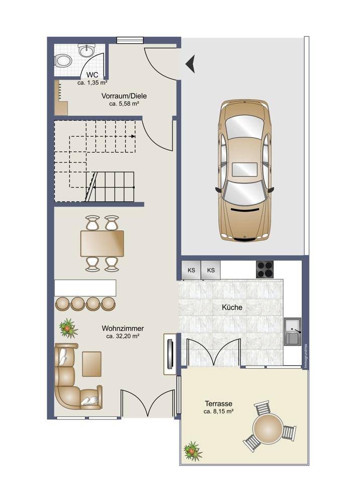 Grundriss des Erdgeschosses mit Wohnzimmer, Küche, Terrasse und Garage.