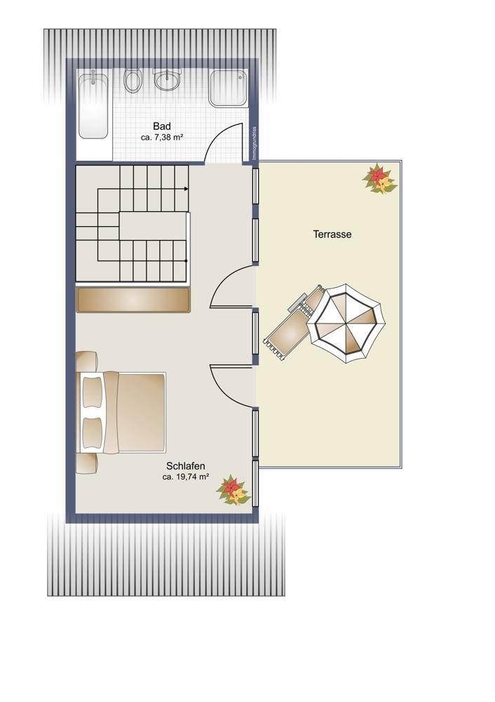 Grundriss des Dachgeschosses mit Schlafzimmer, Bad und großer Terrasse.