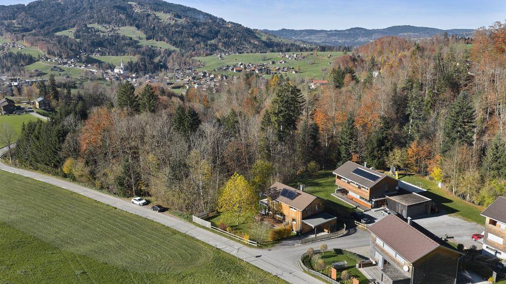 Luftaufnahme der Häuser in ländlicher Umgebung mit Wäldern und Bergen.