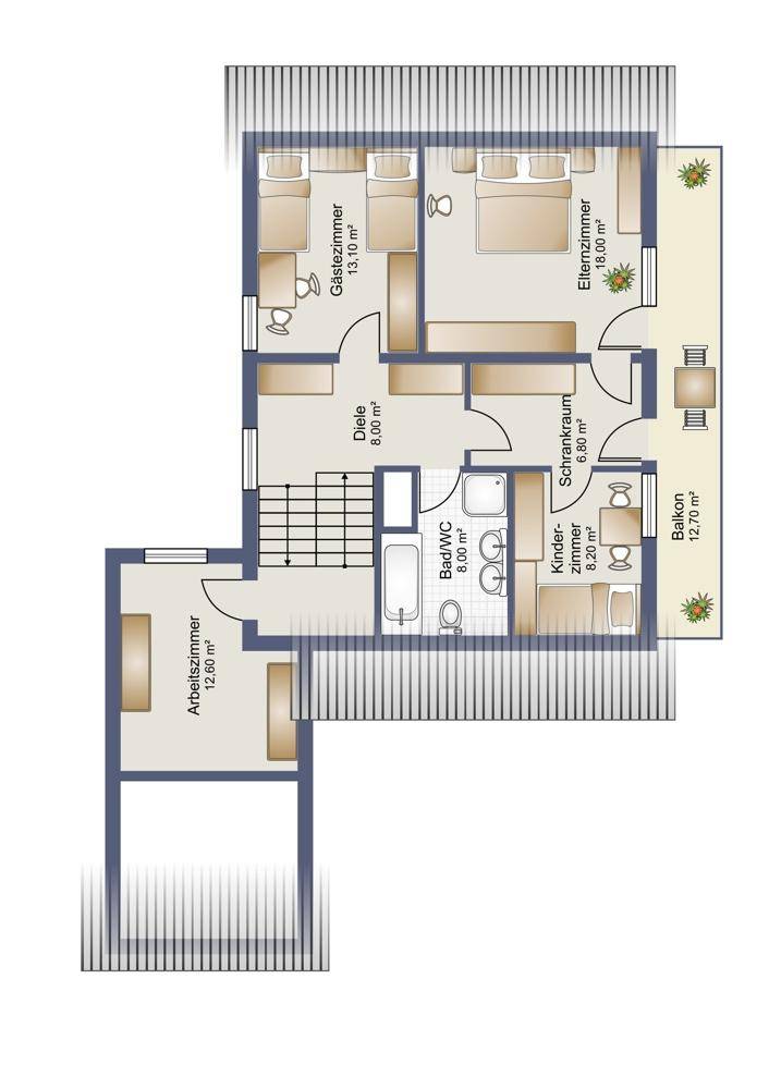 Grundriss des Obergeschosses mit Schlafzimmern, Kinderzimmer, Gästezimmer, Bad und Balkon.