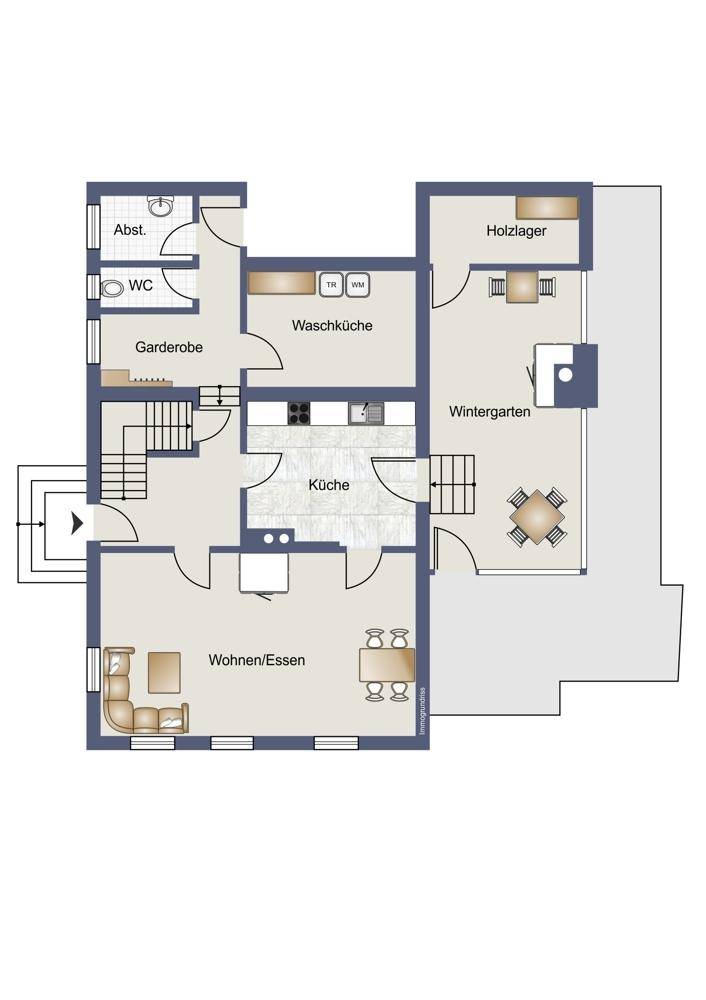 Grundriss des Erdgeschosses mit Wohn-/Essbereich, Küche und Wintergarten.