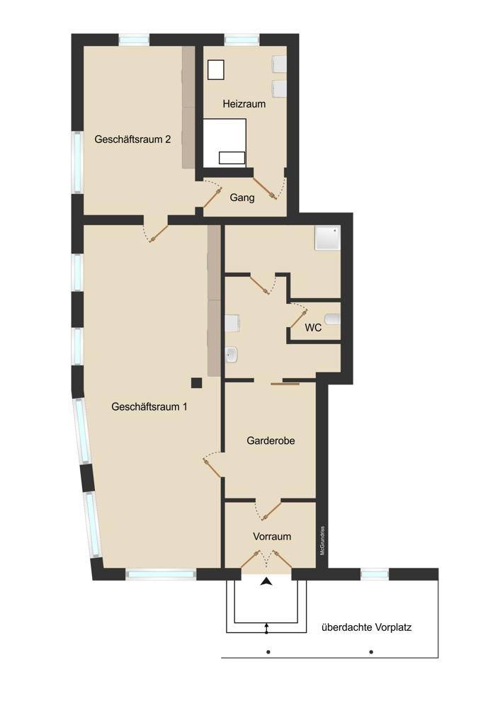 Grundriss mit Geschäftsräumen, WC und Heizraum sowie überdachtem Vorplatz.