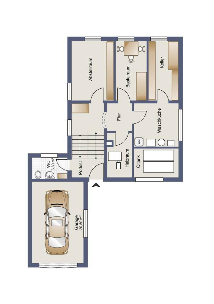 Grundriss des Untergeschosses mit Garage, Keller, Waschküche, Heizraum und Abstellraum.