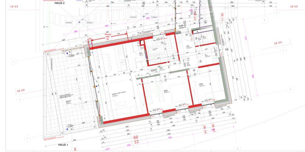 Detaillierter Grundrissplan mit Raumaufteilung und Bemaßungen für eine Wohneinheit.