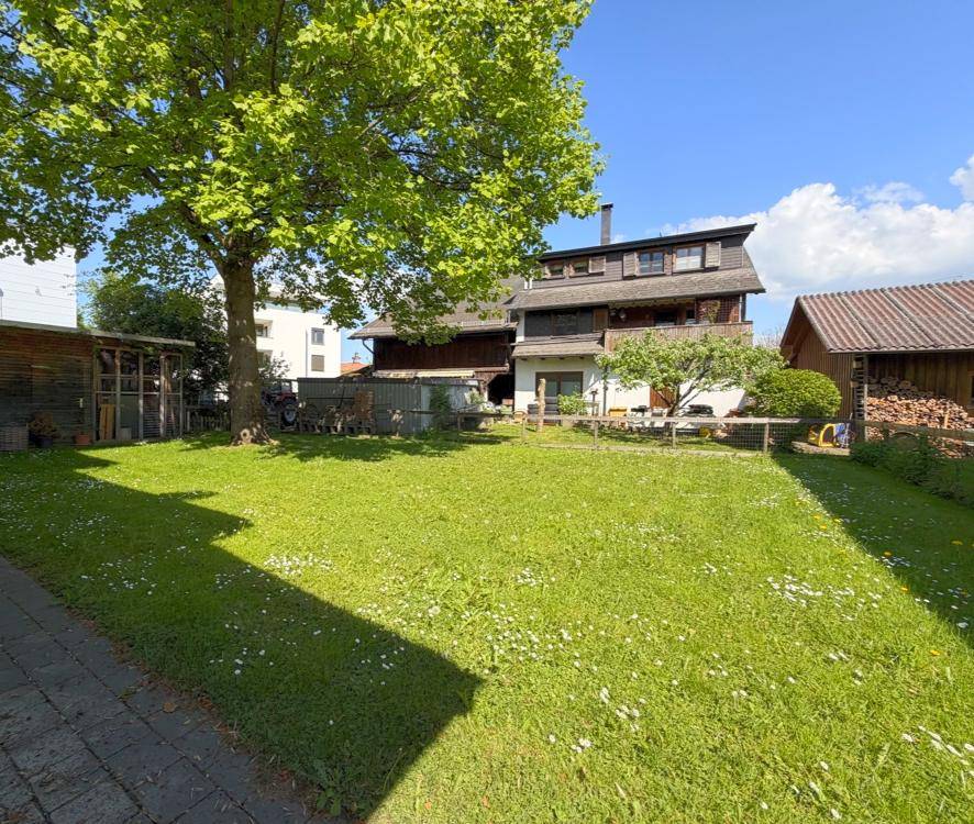 Großer grüner Garten mit Rasenfläche und altem Baum hinter dem Gebäude.