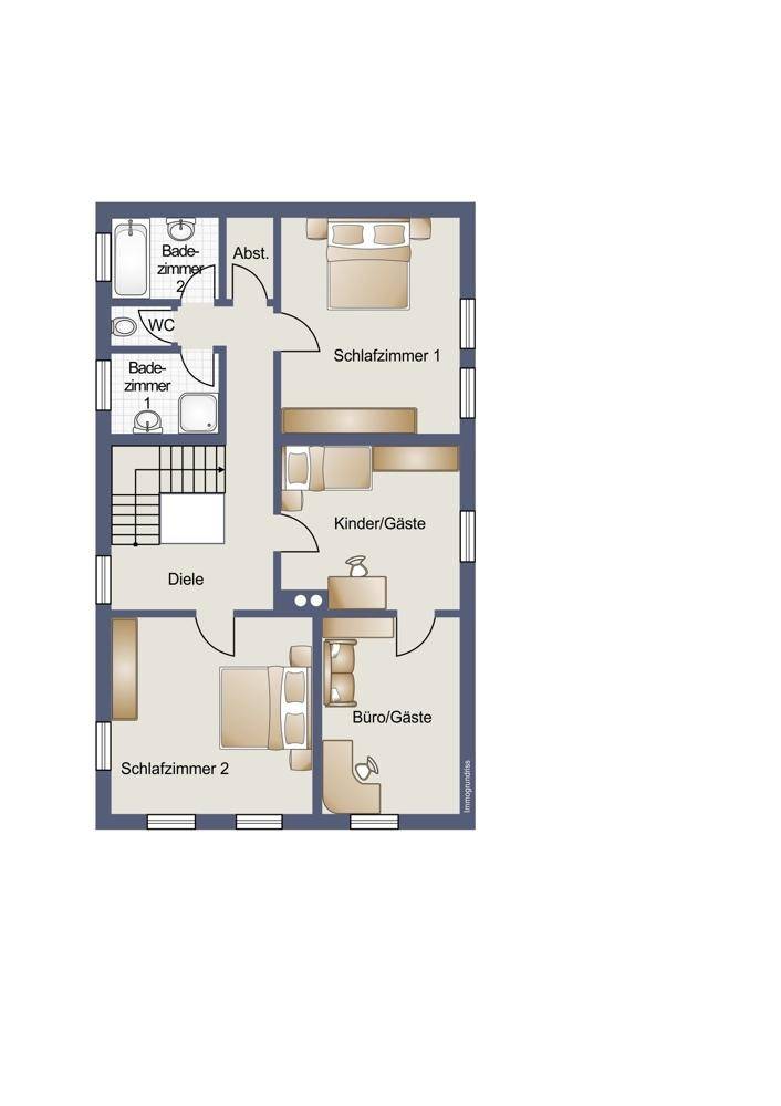 Grundriss des Obergeschosses mit zwei Schlafzimmern, Kinder-/Gästezimmer und zwei Bädern.