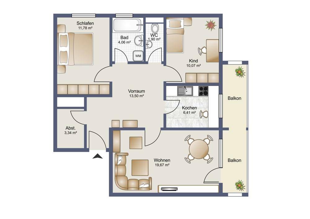 Grundriss einer Wohnung mit drei Zimmern, Küche, Bad, WC und zwei Balkonen.