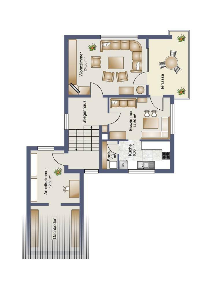Grundriss des Erdgeschosses mit Wohnzimmer, Esszimmer, Küche, Arbeitszimmer und Terrasse.