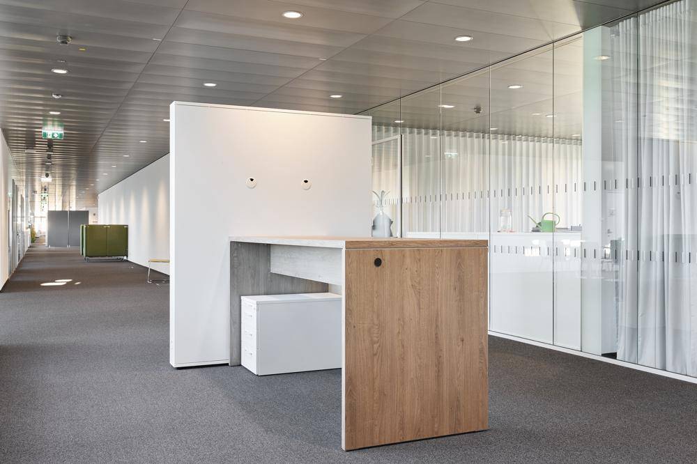 Moderner Bürobereich mit Holztisch, weißen Trennwänden und Glaswänden zu angrenzenden Räumen.