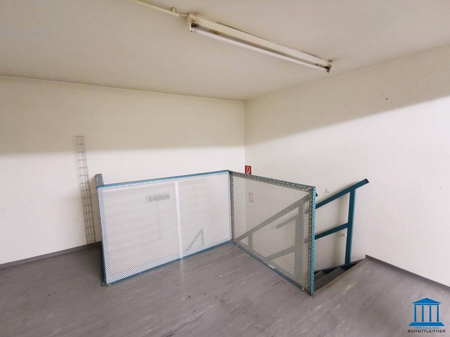 Funktionaler Kellerraum mit Treppenabgang, Metallgitterabsperrung und einfacher Beleuchtung.