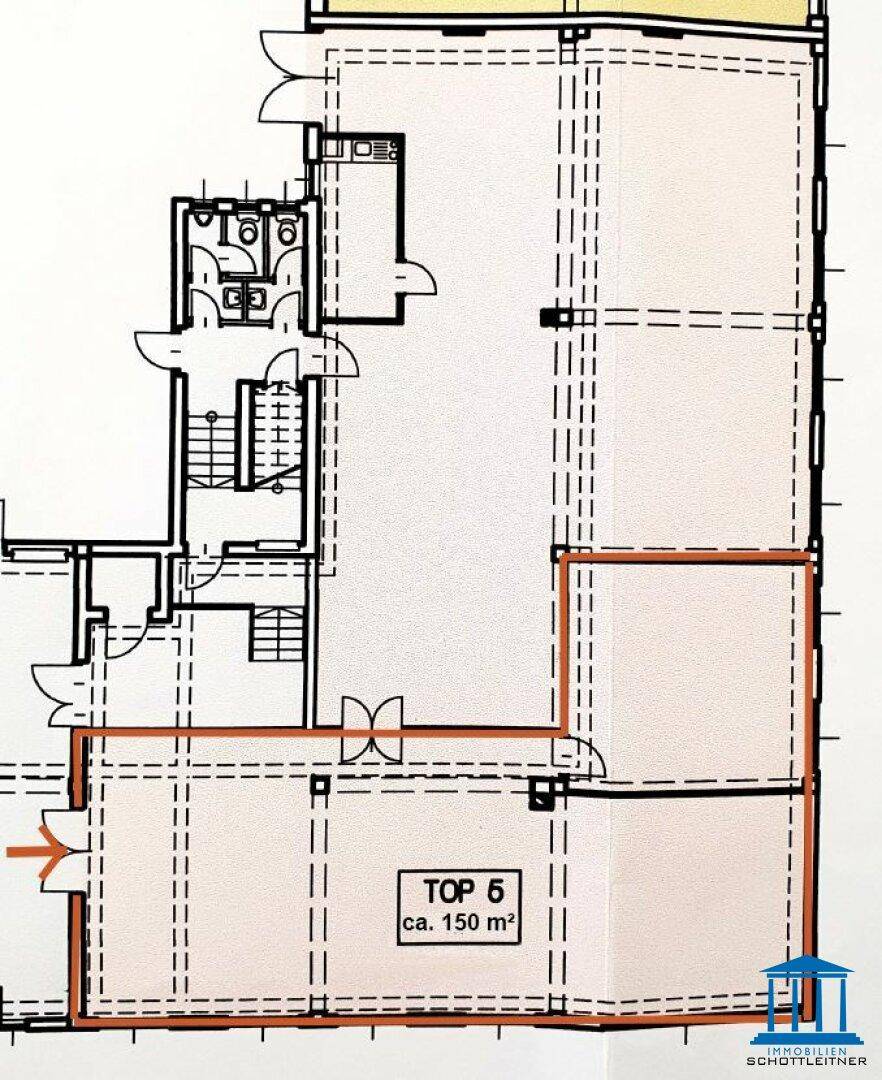 Grundriss für eine Gewerbeeinheit "TOP 5" mit ca. 150 m² Fläche.