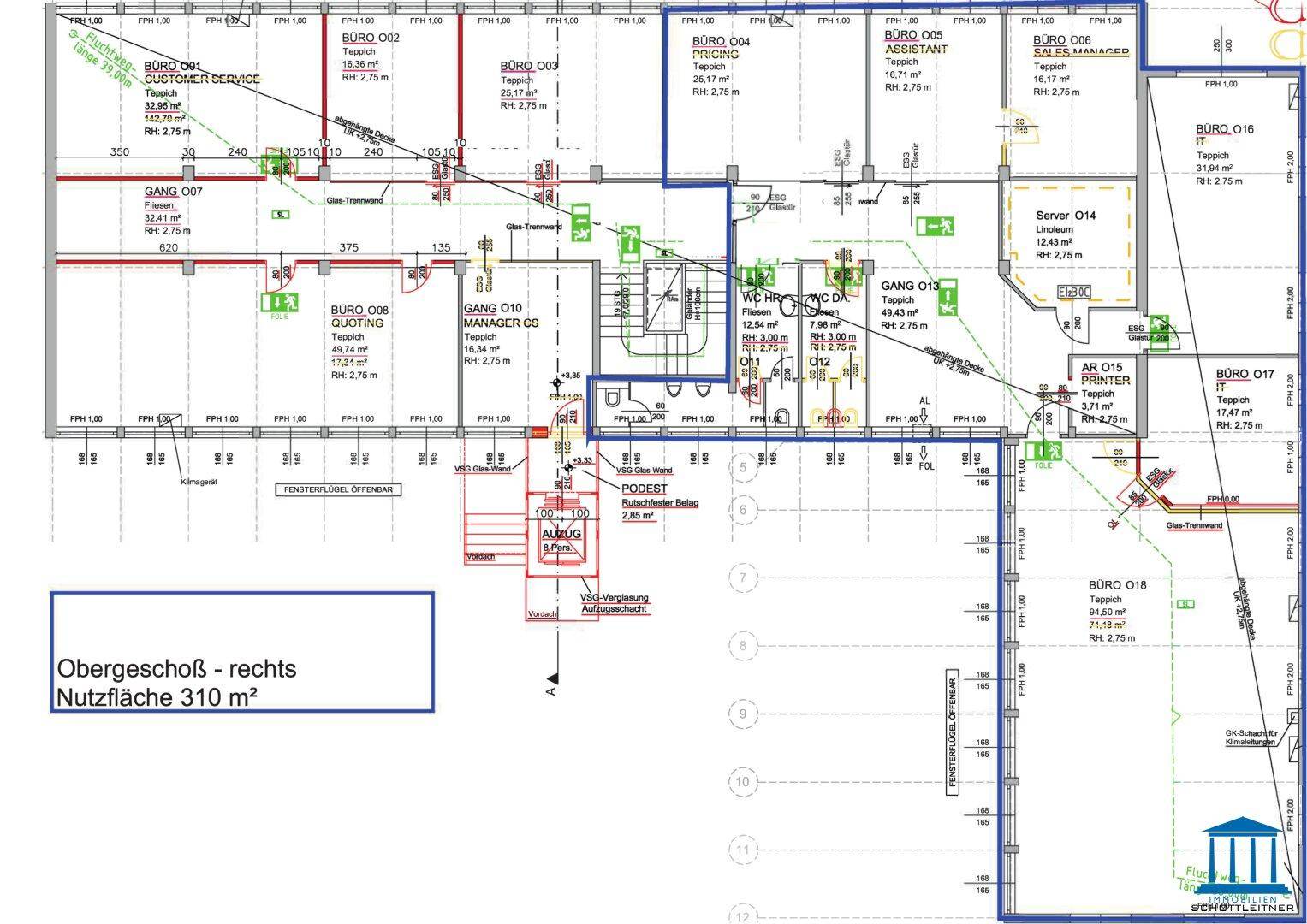 Grundriss des Obergeschosses mit verschiedenen Büroräumen und einer Gesamtfläche von 310 m².