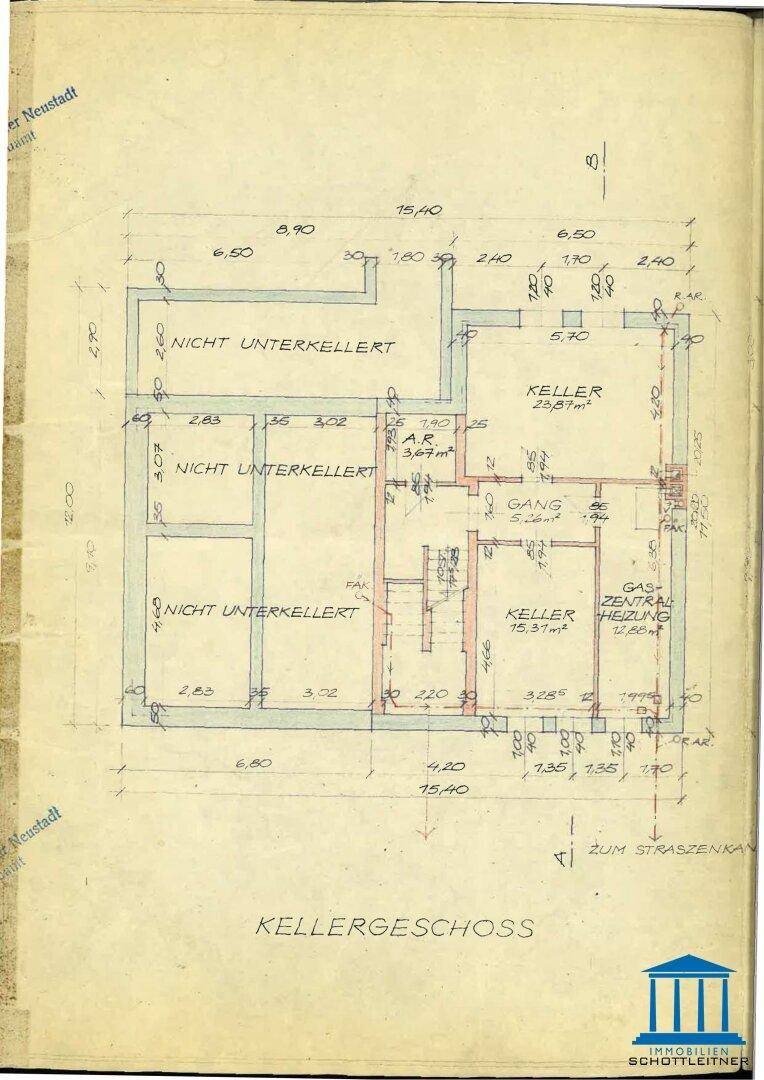 Grundrissplan des Kellergeschosses mit Abstellräumen und Heizungsanlage.