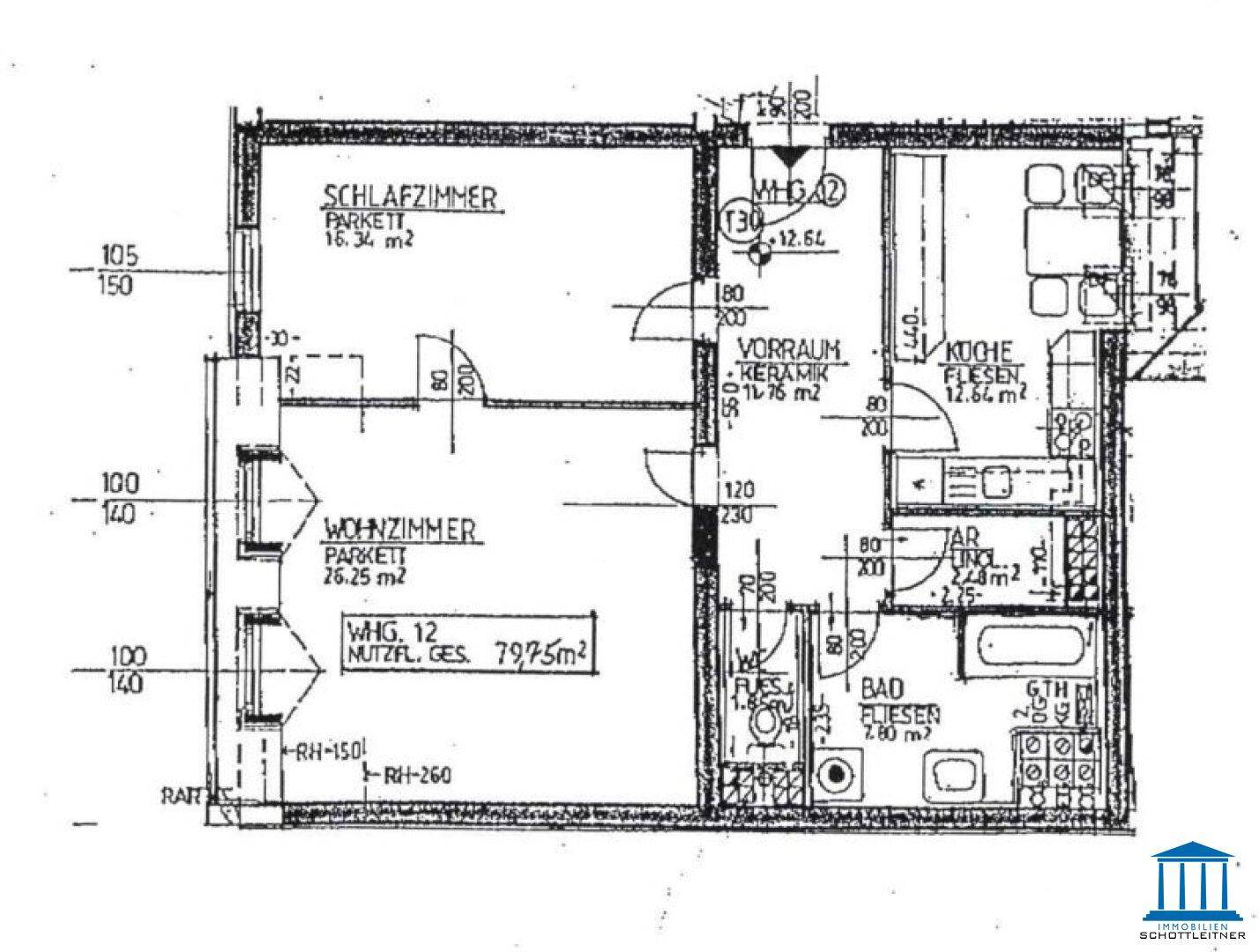 Grundriss zeigt eine Wohnung mit Schlafzimmer, Wohnzimmer, Küche und Bad auf 79,75 m².