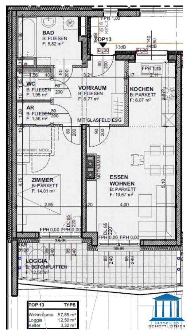 Detaillierter Grundriss einer Wohnung mit Loggia, Bad, separatem WC und offenem Wohnbereich.