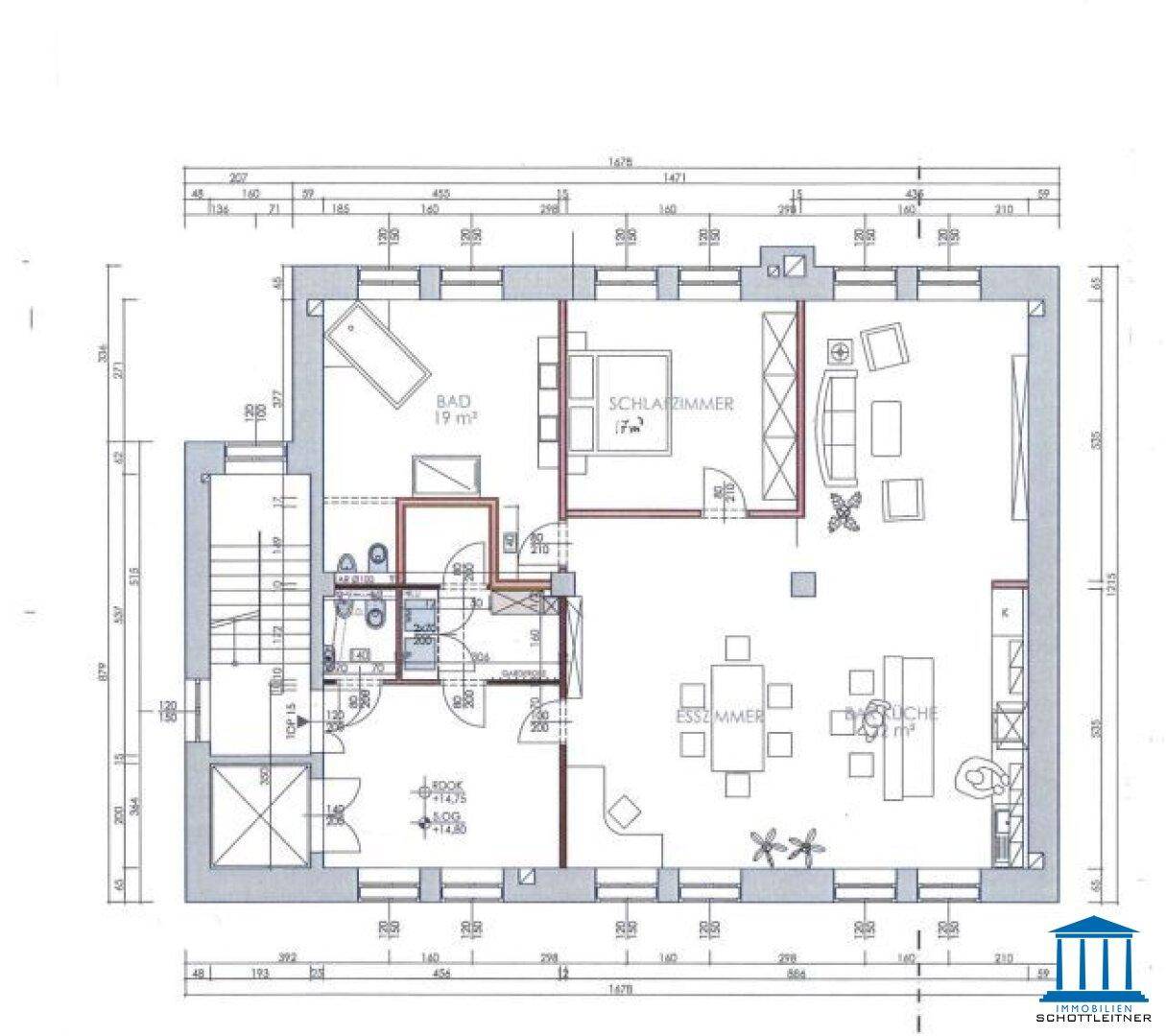 Grundriss einer Wohnung mit Schlafzimmer, Bad, Esszimmer und Küche.
