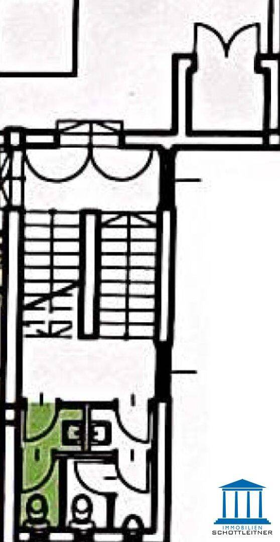 Ausschnitt eines Grundrisses, der ein Treppenhaus und angrenzende Räume mit klaren Linien darstellt.