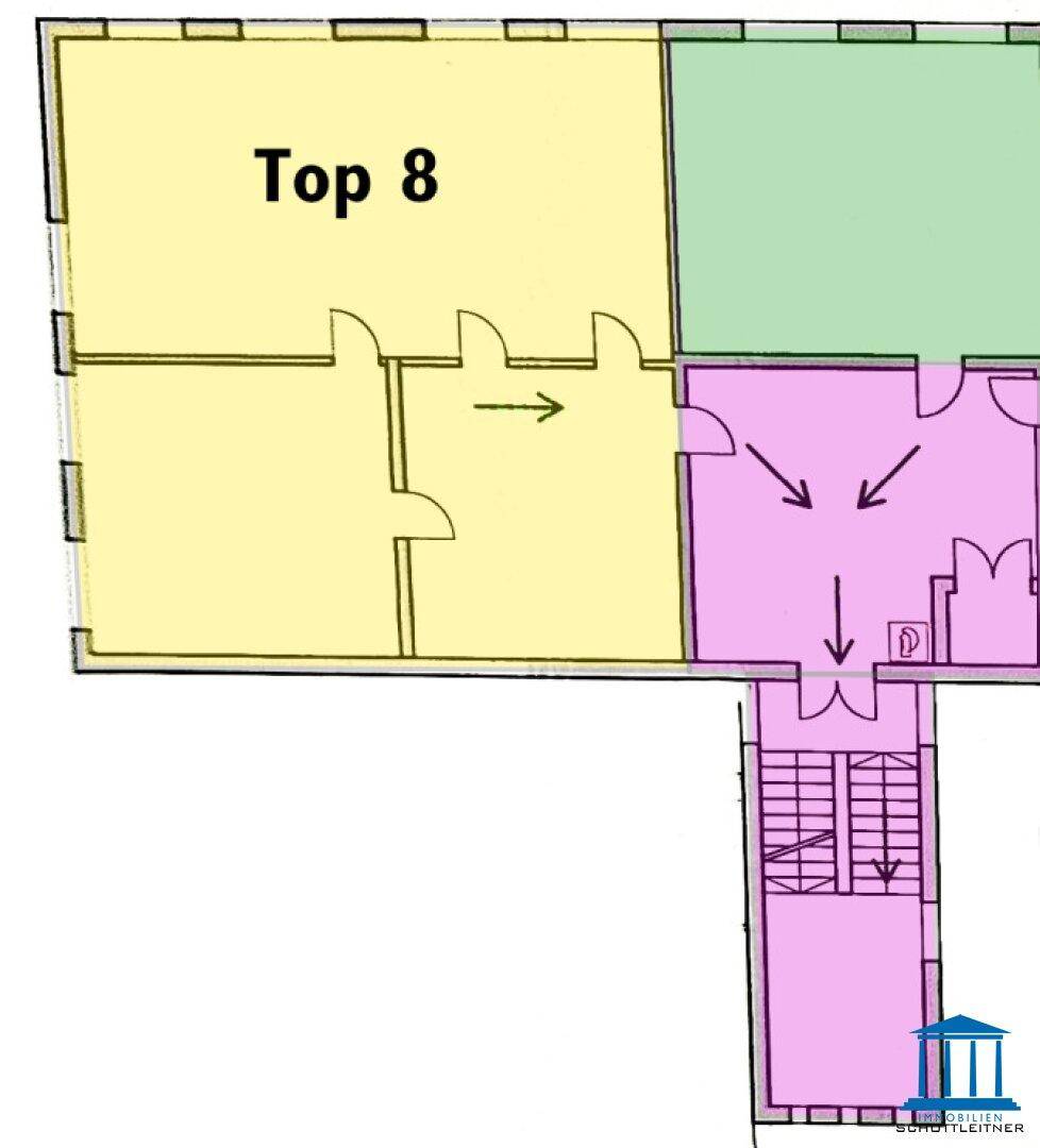 Detaillierter Grundriss der Einheit Top 8 mit mehreren Räumen und einem Treppenhaus, farblich markiert.