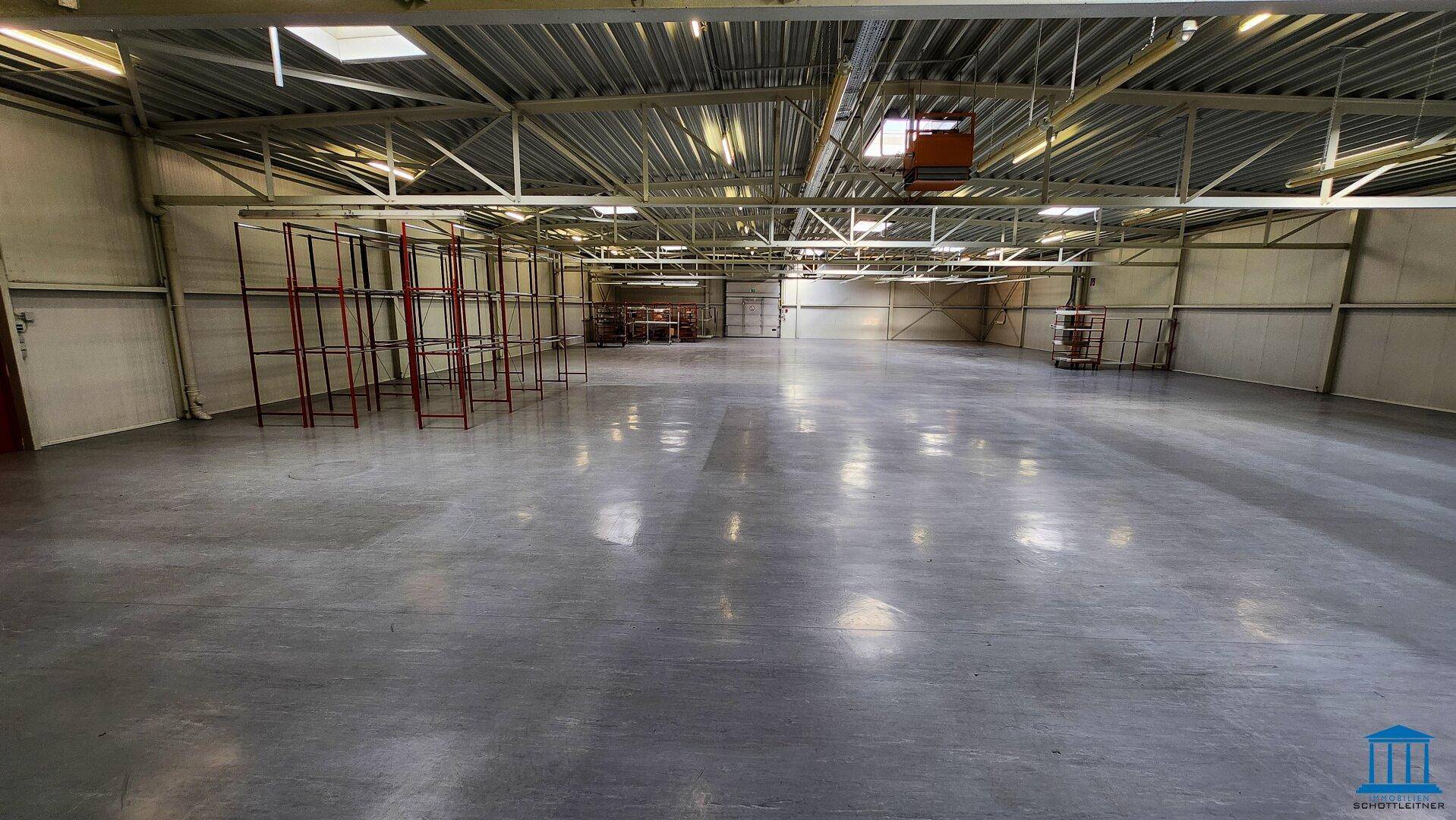 Große Lagerhalle mit Betonboden, hoher Decke und Oberlichtern für natürliches Tageslicht.