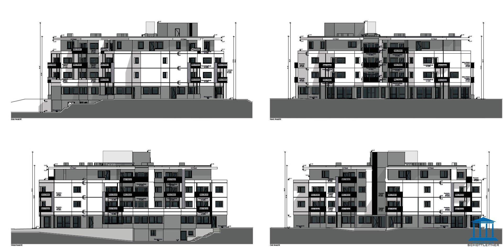 Architektonische Ansichten des modernen Gebäudes von verschiedenen Seiten mit Balkonen.