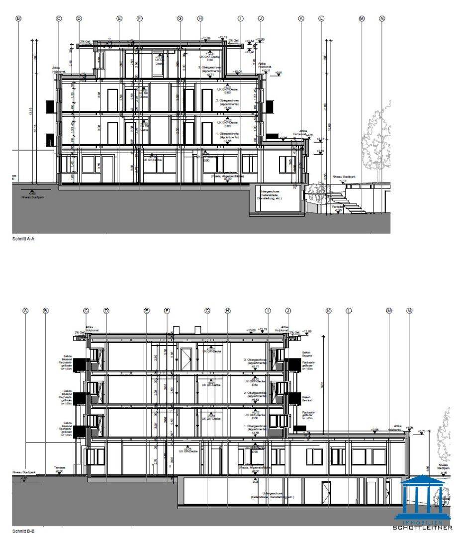 Architektonische Schnitte des Gebäudes zeigen die interne Struktur und Geschossebenen.