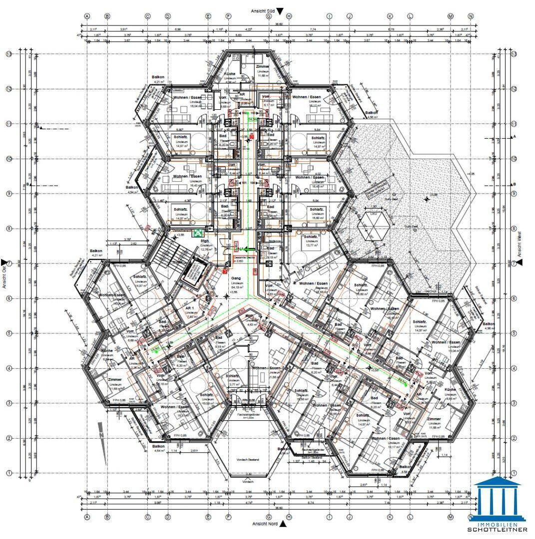 Grundriss einer Etage mit mehreren hexagonalen Wohneinheiten, jeweils mit offenem Wohnbereich und Balkon.