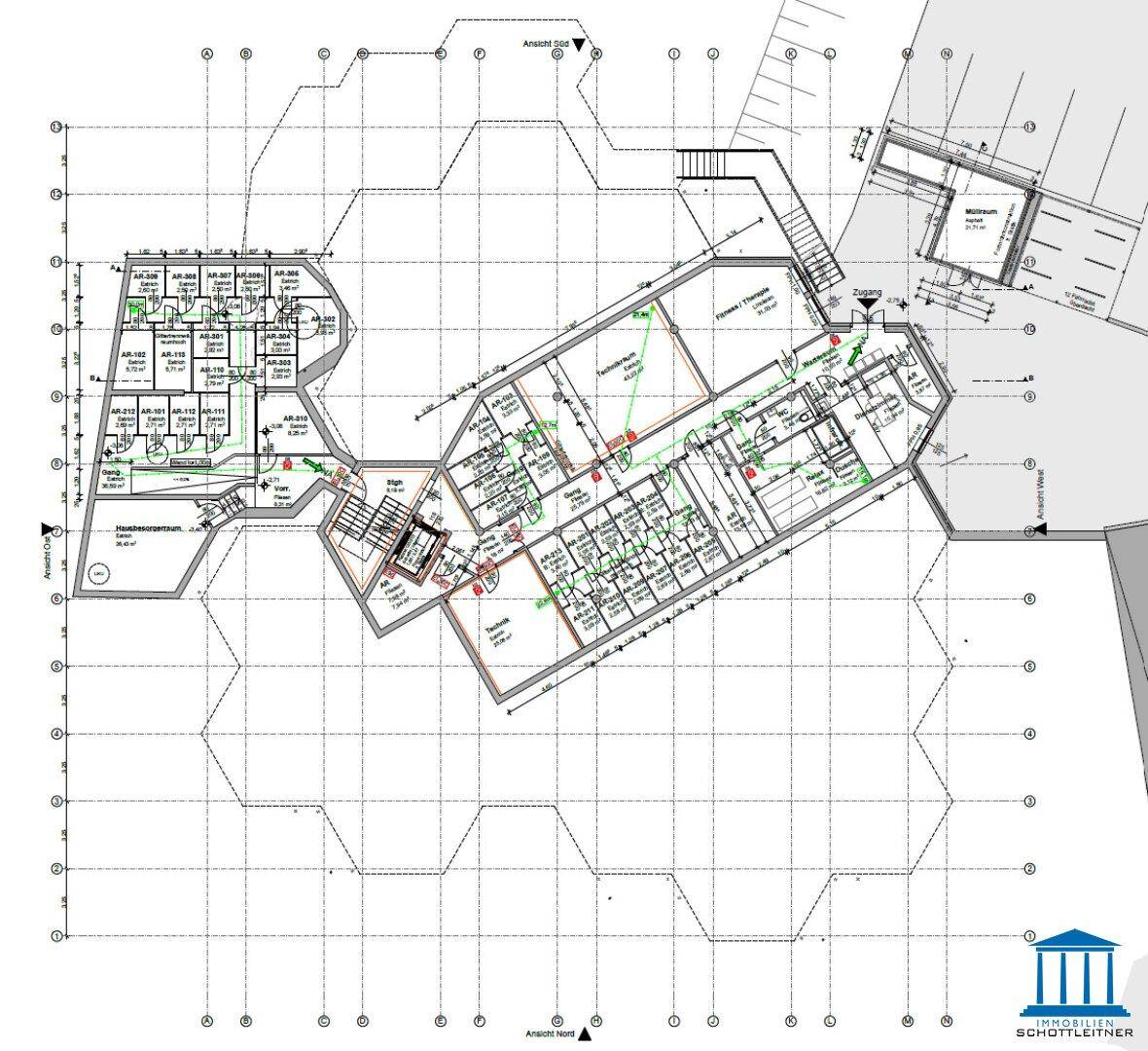 Grundriss des Untergeschosses mit Abstellräumen und Technikbereichen.