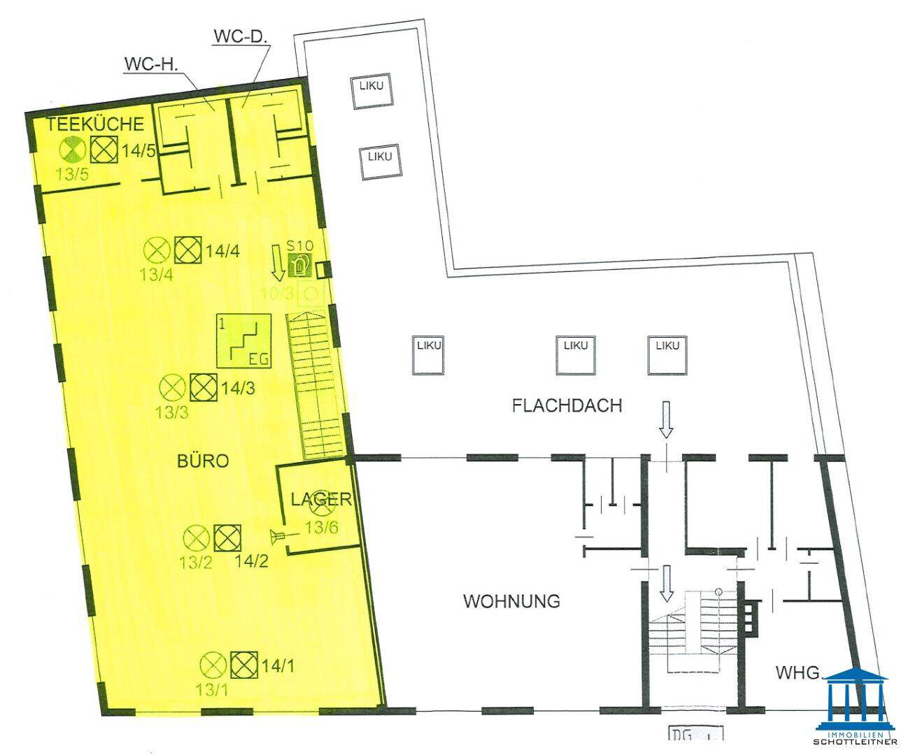 Grundriss des Obergeschosses mit Büros, Teeküche und einer Wohnung, sowie Flachdachbereich.
