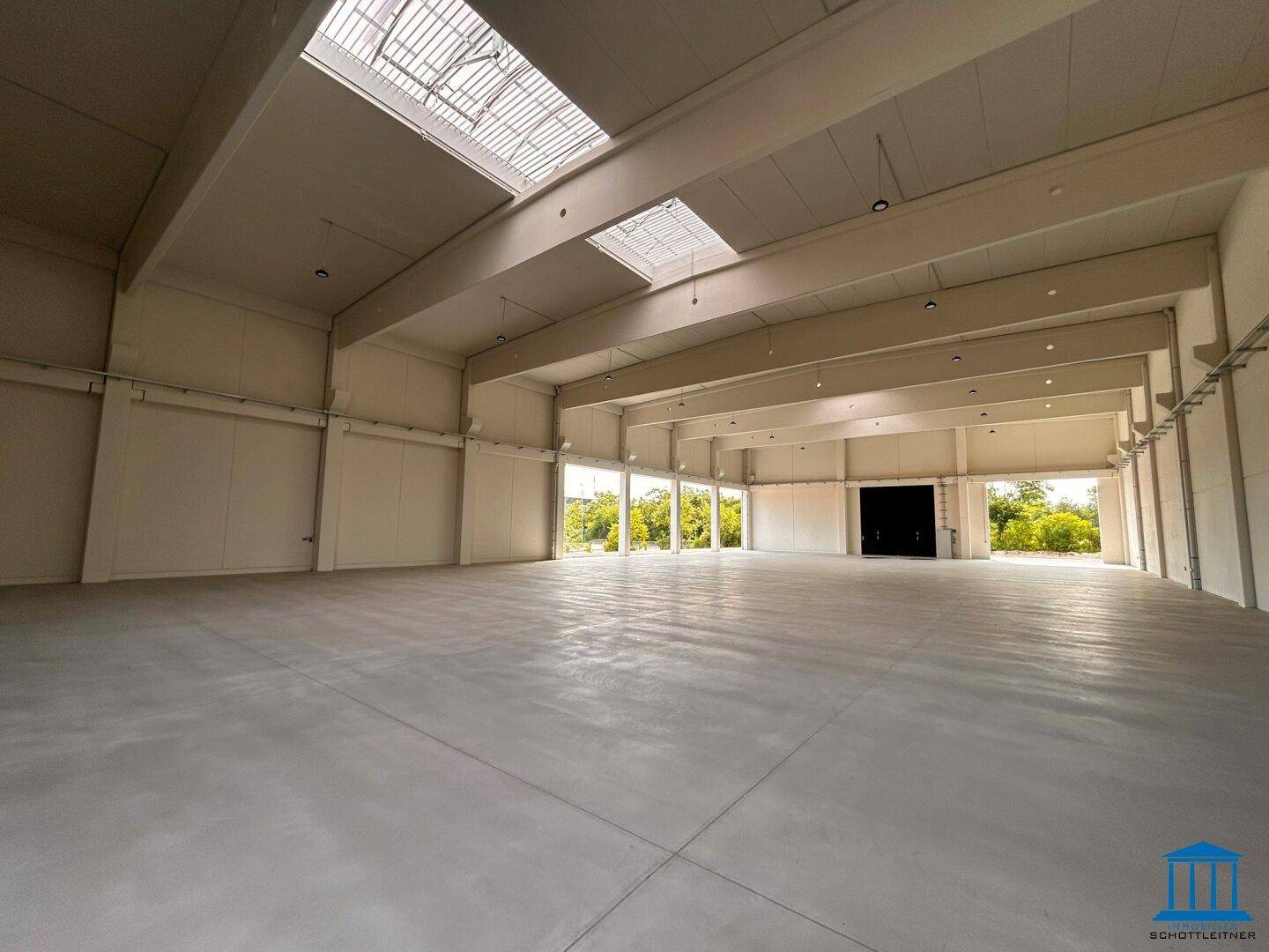 Große, leere Lagerhalle mit hohen Decken, Oberlichtern und Betonboden, bereit zur Nutzung.