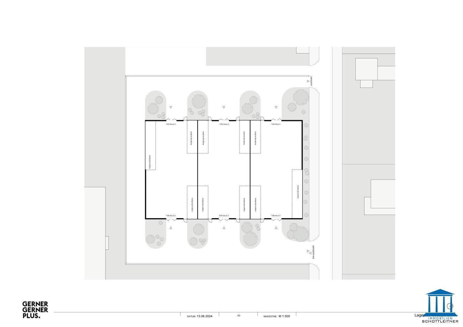 Lageplan des Gebäudes mit umliegenden Grünflächen und Zufahrten.