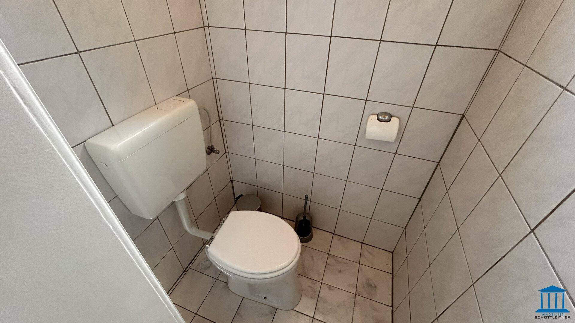 Kleiner Toilettenraum mit weißer Toilette und Fliesen an Wänden und Boden.