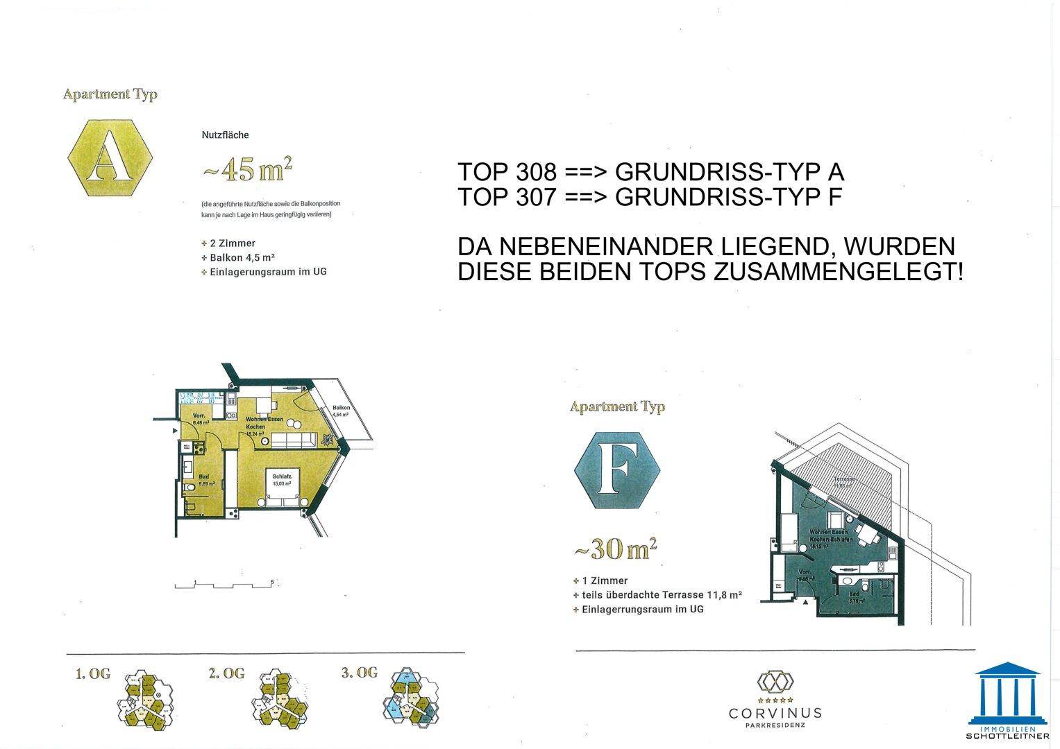 Grundrisse für zwei kombinierte Wohneinheiten mit unterschiedlichen Raumaufteilungen und Flächenangaben.