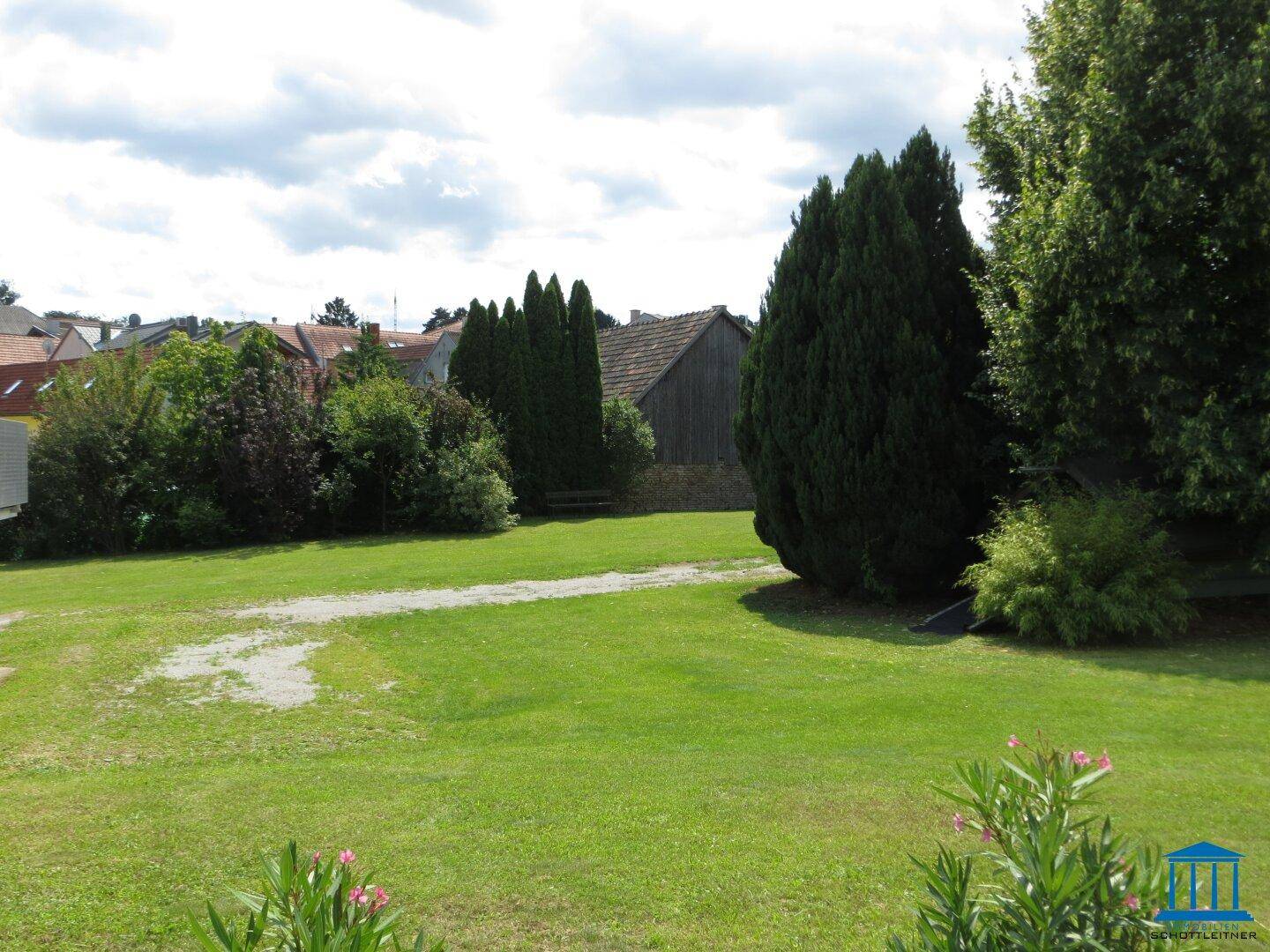 Sonniger Gartenbereich mit Rasenfläche, Sträuchern und Blick auf die umliegende Bebauung.